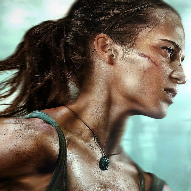 Alicia Vikander wearing our bespoke Jade necklace. This is a still from the movie. She looks hot and sweaty and dirty